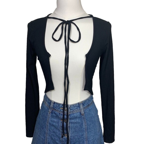 inluv Tops - inluv Black Tie Front Long Sleeve Crop Shrug Top Size Small USA Made Ribbed